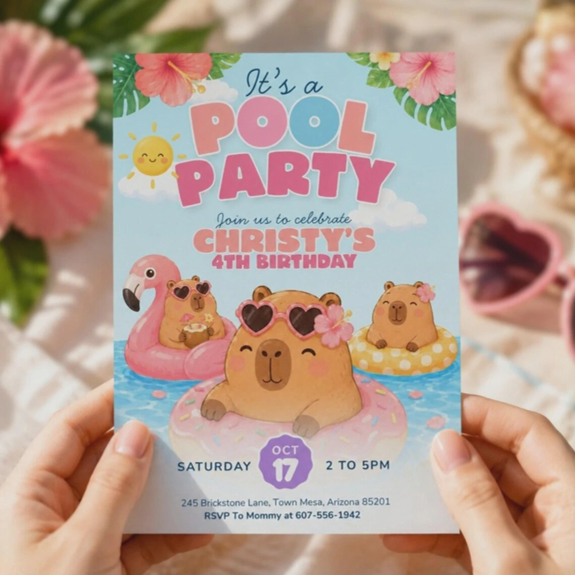 Capybara Pool Party birthday invitation template
